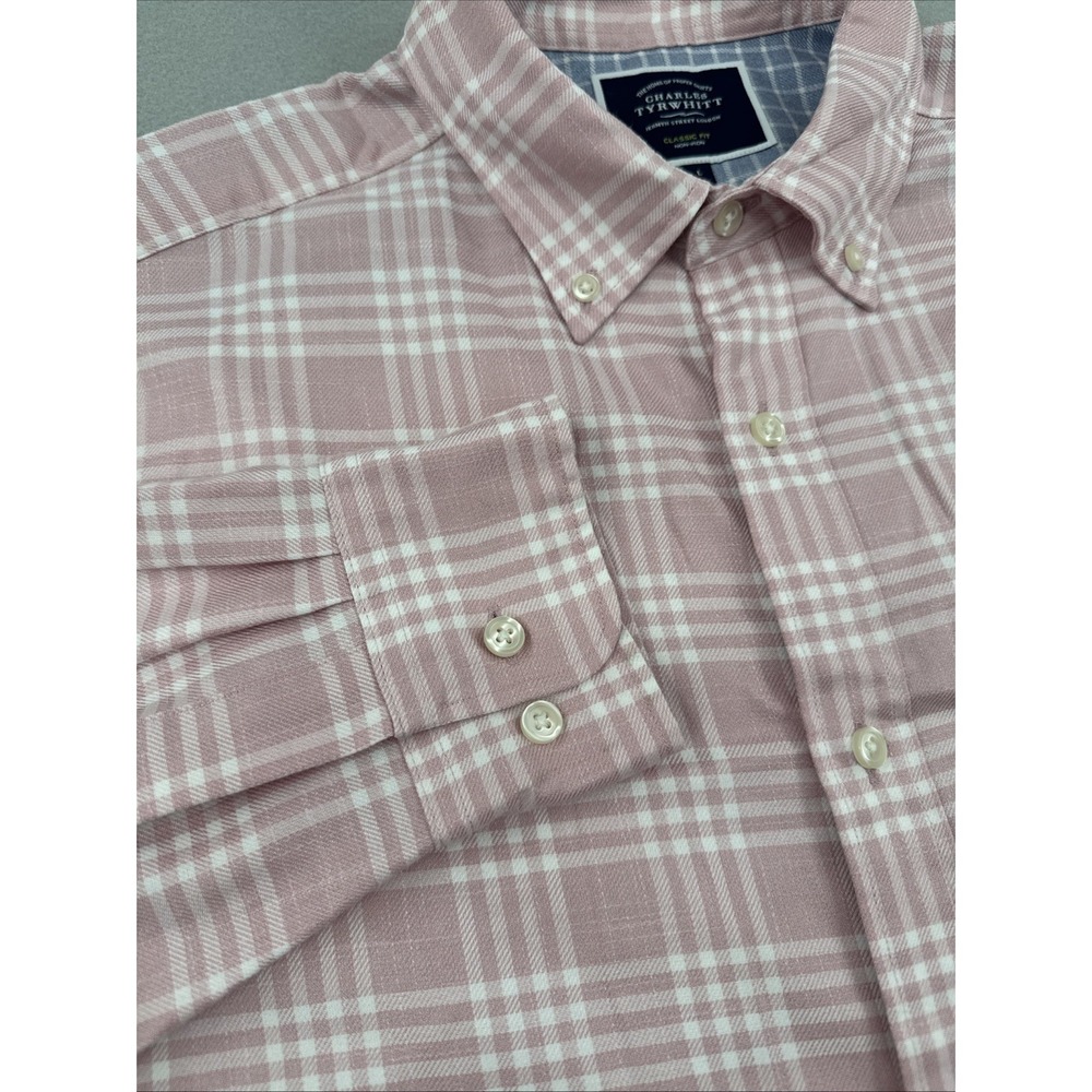 Charles Tyrwhitt Non-Iron Classic Fit Button Down Flannel Mens L Pink Plaid - Picture 3 of 9